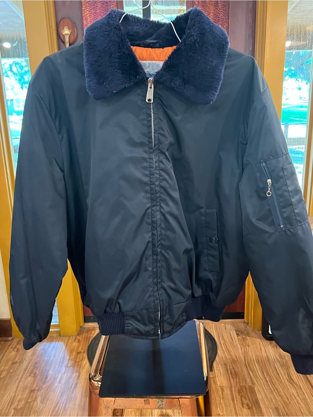 Sears Navy Bomber Jacket with Plush Dark Blue Fur Collar